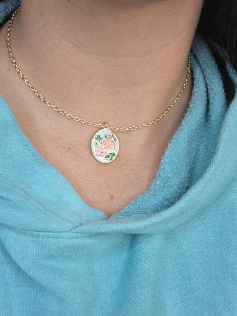 Enamel Flower Oval Charm Necklace - Stainless Steel
